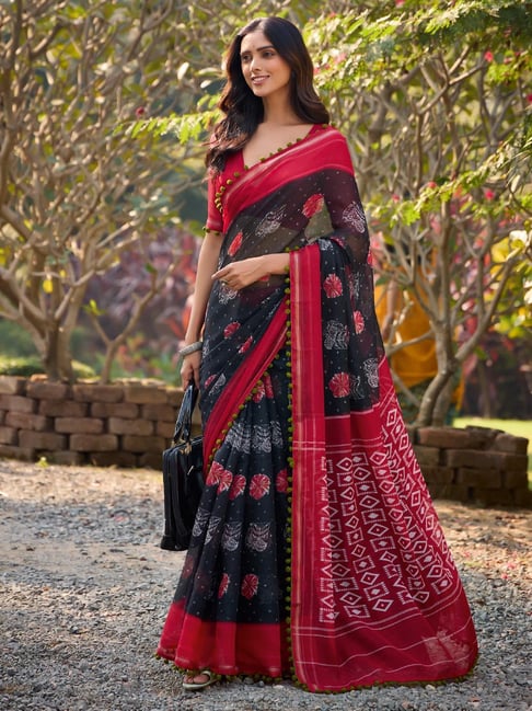 Black Pure Soft Mul Mul Cotton Pum Pum Cotton Saree
