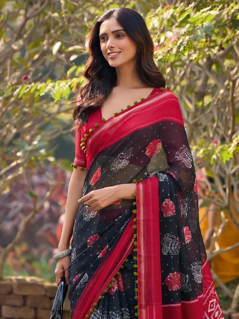 Black Pure Soft Mul Mul Cotton Pum Pum Cotton Saree