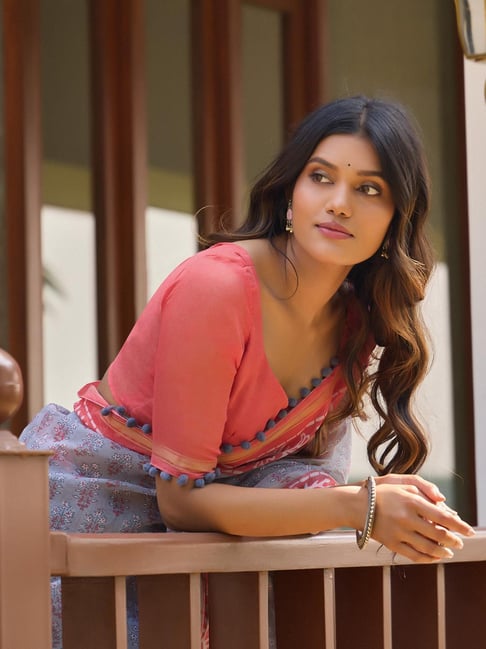 Grey Pure Soft Mul Mul Cotton Pum Pum Cotton Saree