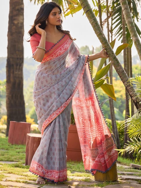 Grey Pure Soft Mul Mul Cotton Pum Pum Cotton Saree
