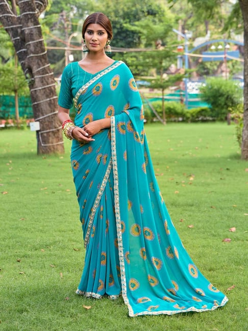 Teal Blue Soft Heavy Weightless Printed Saree
