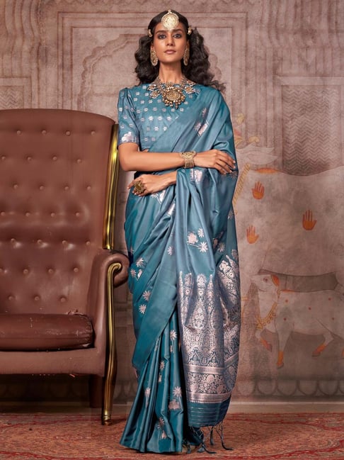 Teal Blue Pure Satin Handloom Weaving Saree 