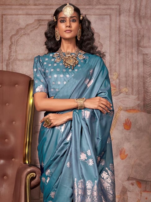 Teal Blue Pure Satin Handloom Weaving Saree 