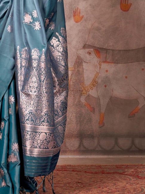Teal Blue Pure Satin Handloom Weaving Saree 