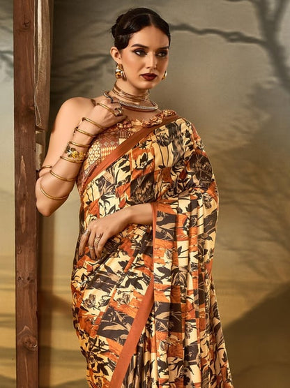 Beige Pure Soft Crepe Satin Digital Printed Saree 