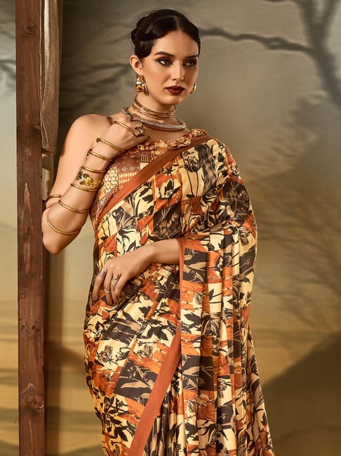 Beige Pure Soft Crepe Satin Digital Printed Saree ##color## Japan Satin Saree with premium fabric and embroidery