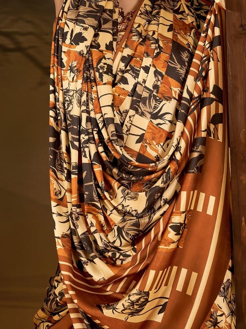 Beige Pure Soft Crepe Satin Digital Printed Saree 