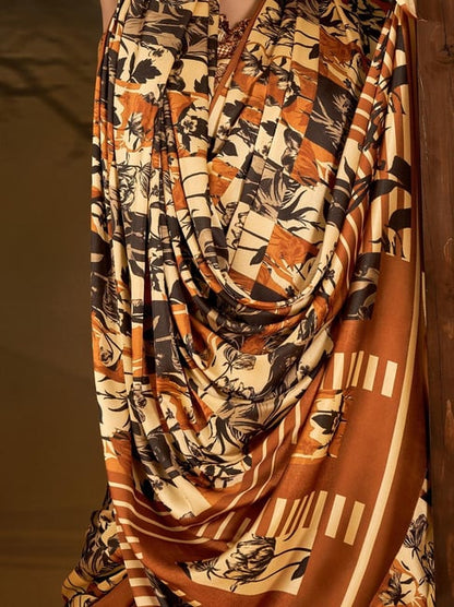 Beige Pure Soft Crepe Satin Digital Printed Saree 