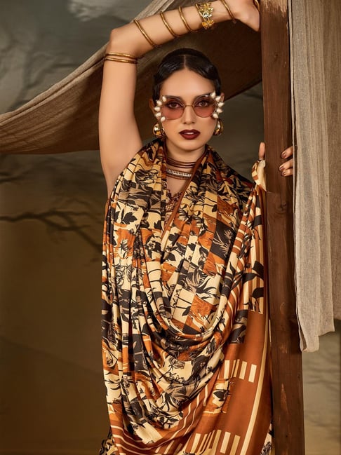 Beige Pure Soft Crepe Satin Digital Printed Saree 