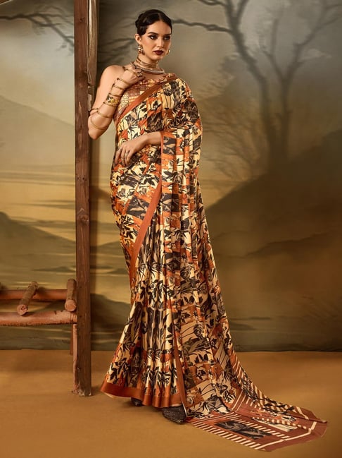 Beige Pure Soft Crepe Satin Digital Printed Saree ##color## Japan Satin Saree with premium fabric and embroidery
