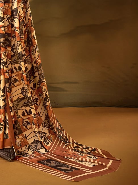 Beige Pure Soft Crepe Satin Digital Printed Saree 