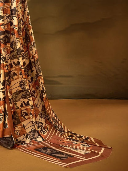 Beige Pure Soft Crepe Satin Digital Printed Saree 