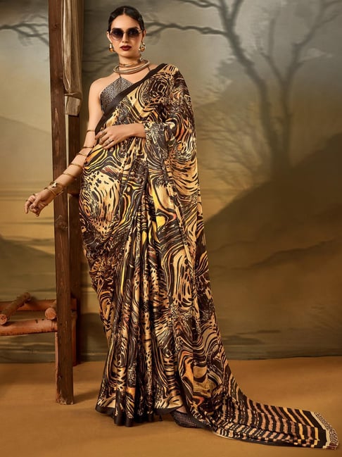 Leopard Pure Soft Crepe Satin Digital Printed Saree ##color## Japan Satin Saree with premium fabric and embroidery
