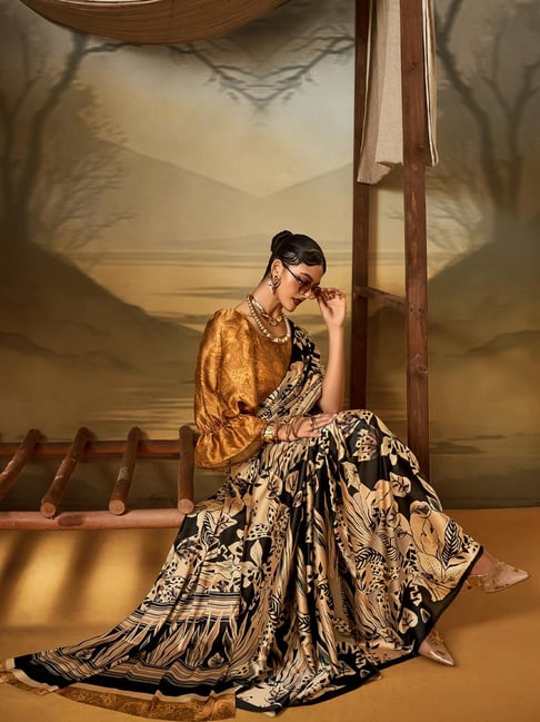 Black Pure Soft Crepe Satin Digital Printed Saree 