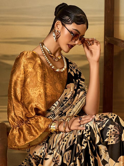 Black Pure Soft Crepe Satin Digital Printed Saree 