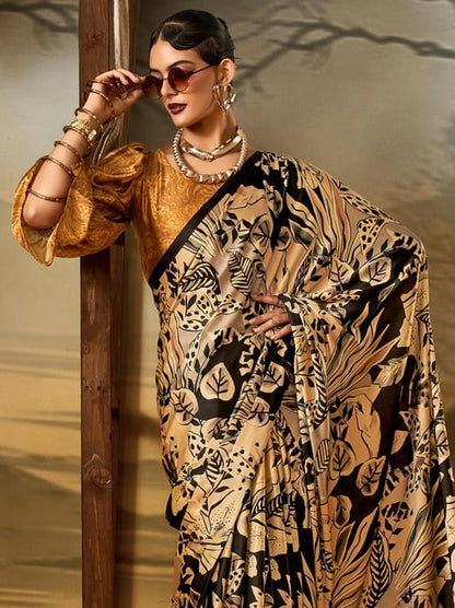 Black Pure Soft Crepe Satin Digital Printed Saree 