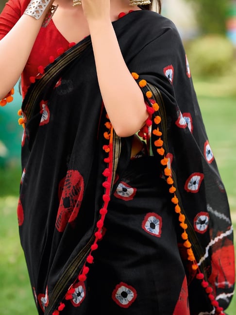 Black Pure Soft Mul Mul Cotton Pum Pum Cotton Saree