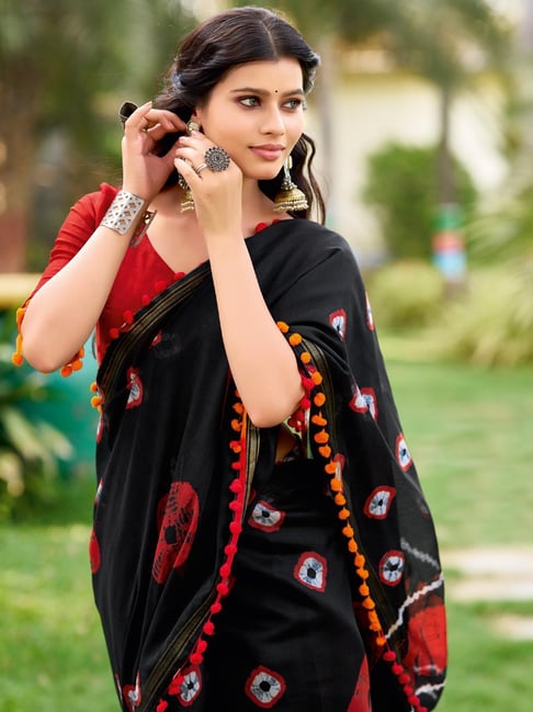 Black Pure Soft Mul Mul Cotton Pum Pum Cotton Saree
