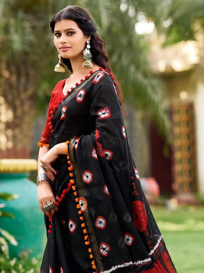 Black Pure Soft Mul Mul Cotton Pum Pum Cotton Saree Cotton saree Anant Tex Exports Pvt.Ltd..