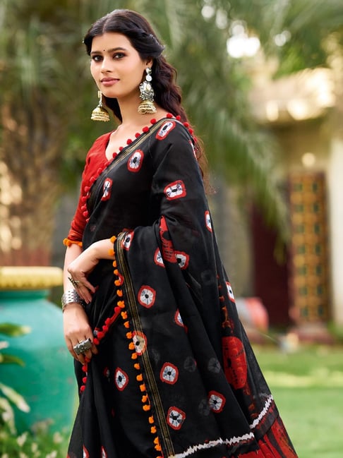 Black Pure Soft Mul Mul Cotton Pum Pum Cotton Saree