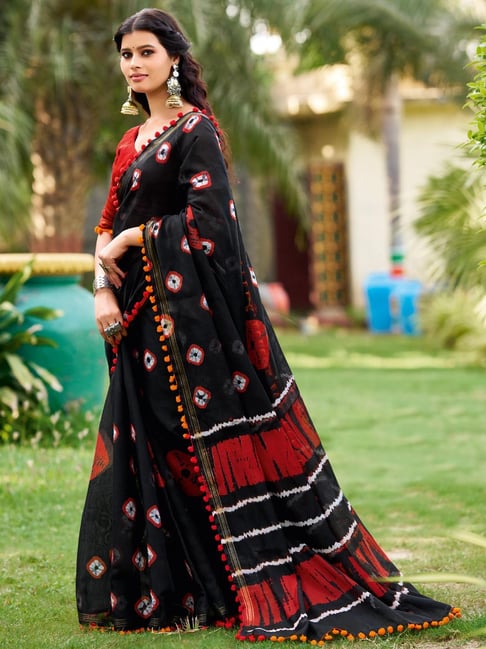 Black Pure Soft Mul Mul Cotton Pum Pum Cotton Saree