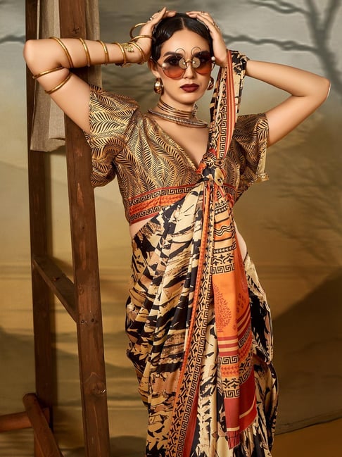 Black Pure Soft Crepe Satin Digital Printed Saree ##color## Japan Satin Saree with premium fabric and embroidery