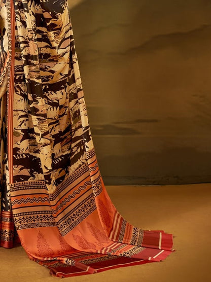 Black Pure Soft Crepe Satin Digital Printed Saree 