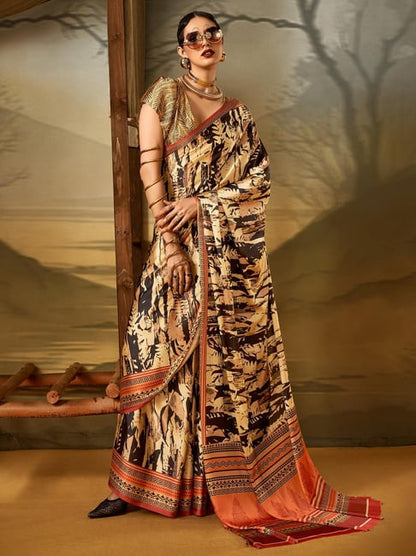 Black Pure Soft Crepe Satin Digital Printed Saree 