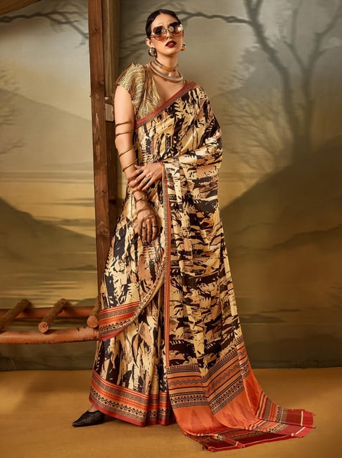 Black Pure Soft Crepe Satin Digital Printed Saree ##color## Japan Satin Saree with premium fabric and embroidery