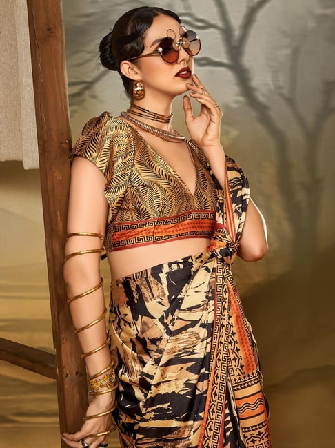 Black Pure Soft Crepe Satin Digital Printed Saree ##color## Japan Satin Saree with premium fabric and embroidery