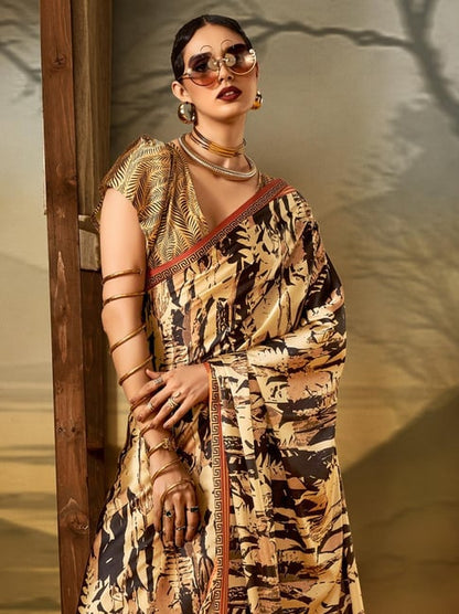 Black Pure Soft Crepe Satin Digital Printed Saree 