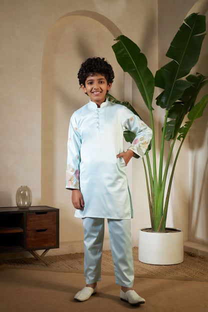 Pista Pure Satin Silk Kids Boy Kurta Pajama With Koti Jacket 