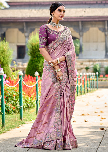 Elegant Gadwal Silk Saree In Oriental Pink With Embroidery and Handwork