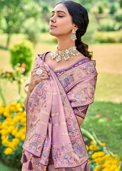 Elegant Gadwal Silk Saree In Oriental Pink With Embroidery and Handwork