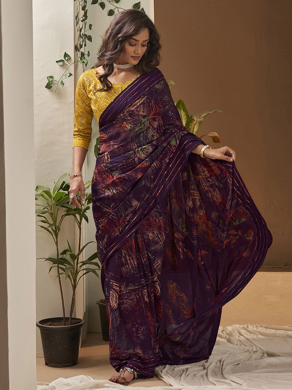 Brown Georgette Chiffon Printed Saree Georgette Saree Anant Tex Exports Pvt.Ltd..