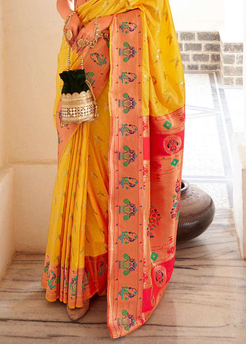 Mustard Yellow Zari Woven Traditional Paithani Silk Saree