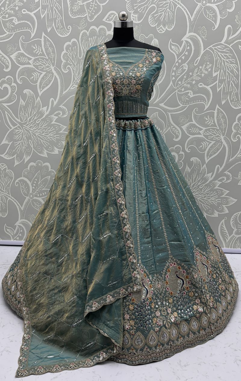 Grey Pure Soft Gadhwal Silk Heavy Embroidery Work Bridal Lehenga