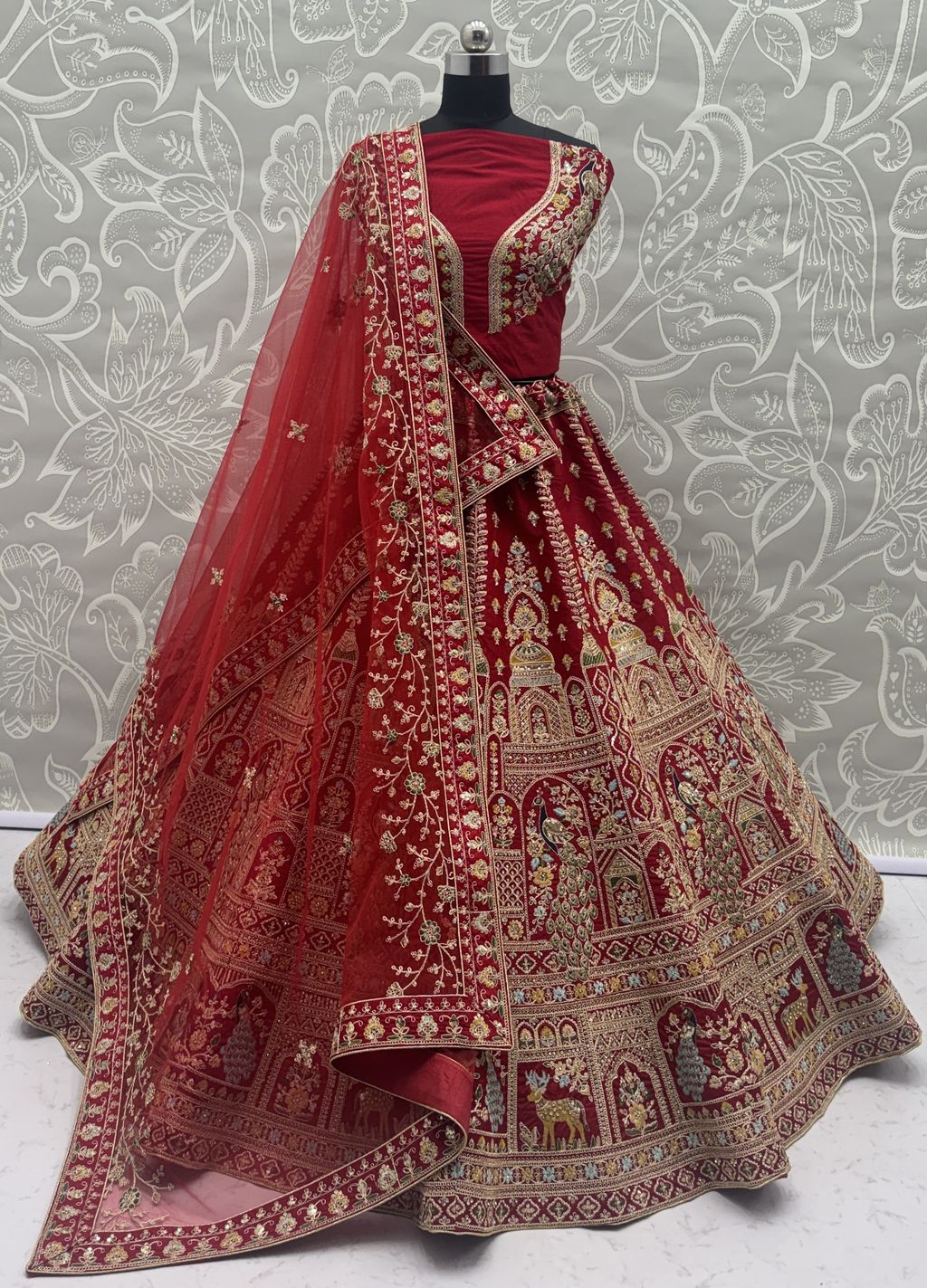 Red Pure Soft Silk Heavy Embroidery Work Bridal Lehenga