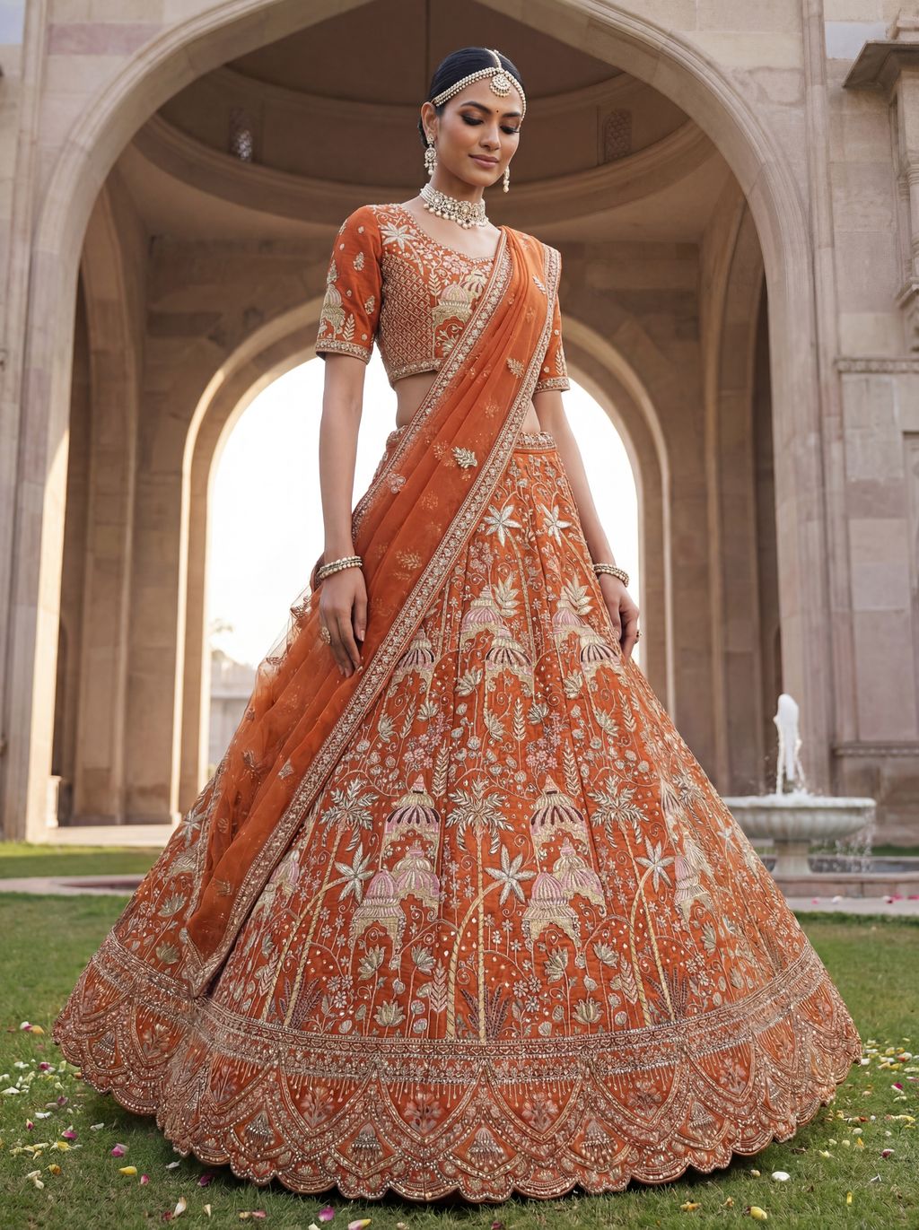 Orange Pure Soft Silk Heavy Embroidery Work Bridal Lehenga 