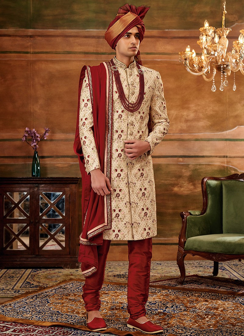 Maroon and Gold Colour Designer Exclusive Wedding Wear Sherwani Suit