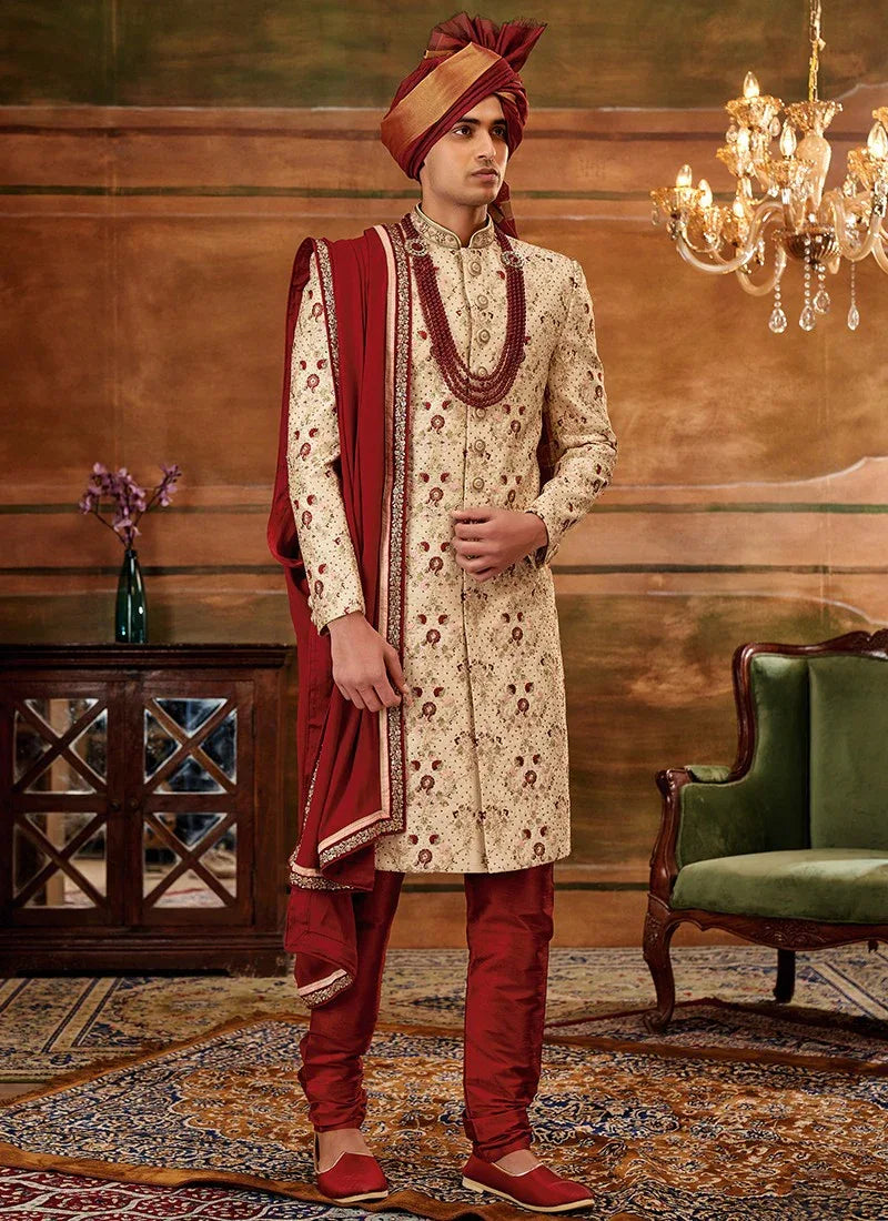 Maroon and Gold Colour Designer Exclusive Wedding Wear Sherwani Suit D.No.1026 Anant Tex Exports Private Limited