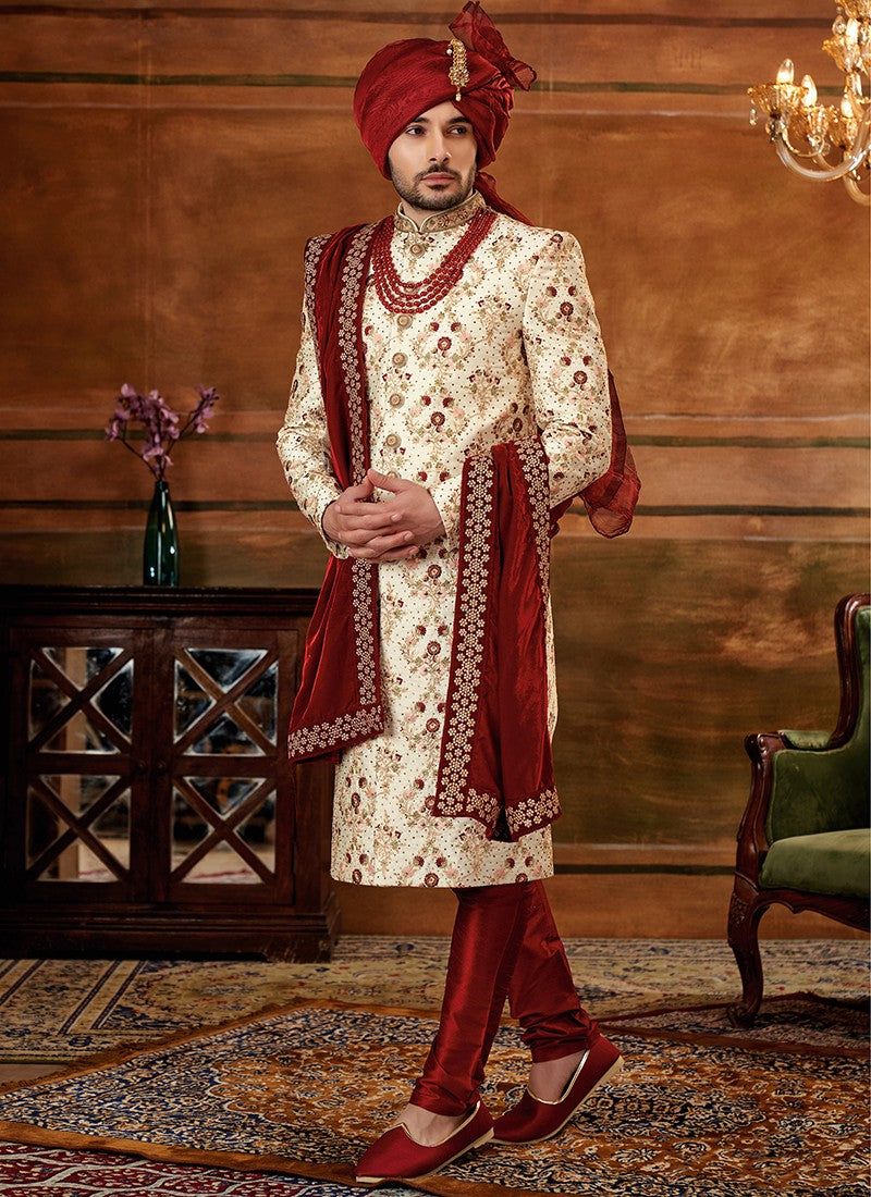 Maroon and White Colour Designer Exclusive Wedding Wear Sherwani Suit 
