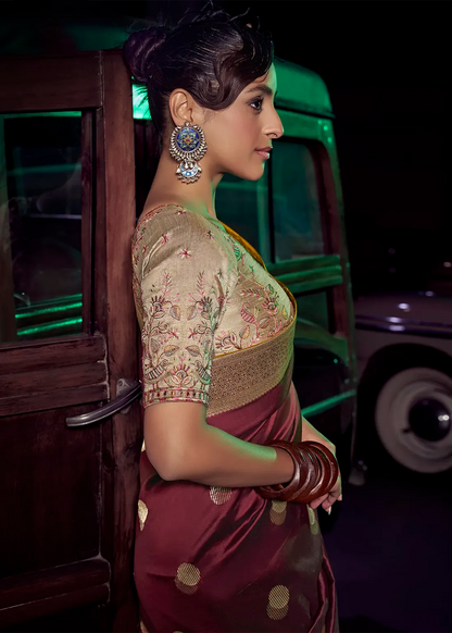 Maroon Pure Silk with 3D weaved Pallu &amp; Heavy Embroidery Banarasi Saree