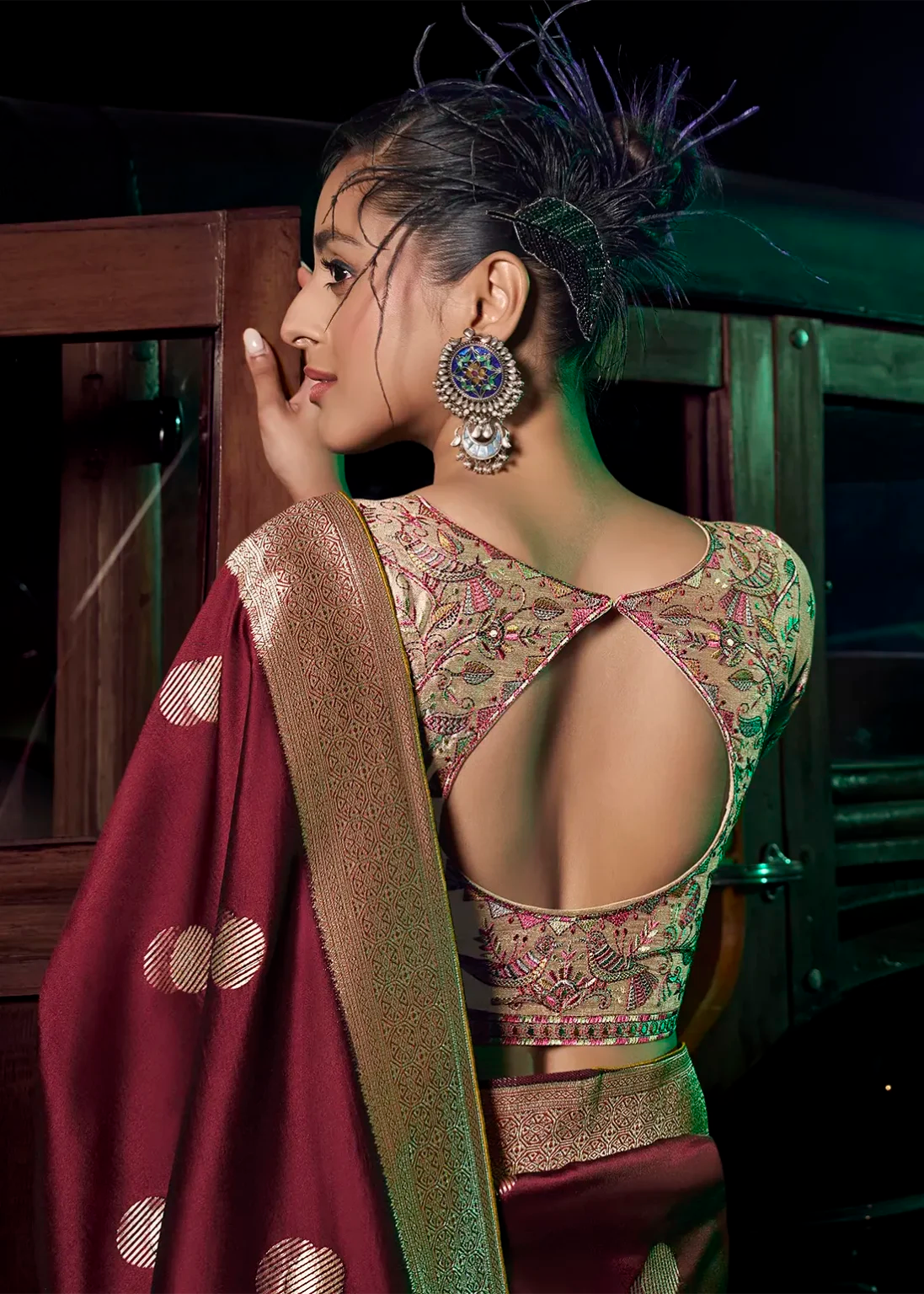 Maroon Pure Silk with 3D weaved Pallu &amp; Heavy Embroidery Banarasi Saree
