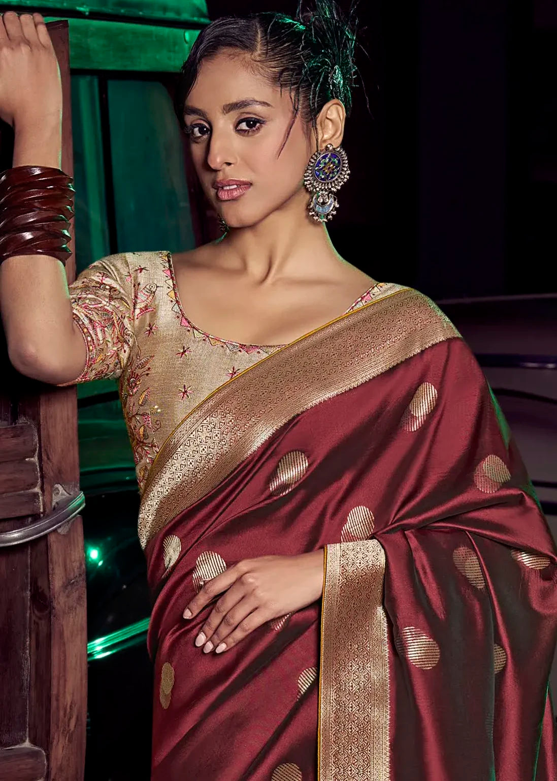 Maroon Pure Silk with 3D weaved Pallu &amp; Heavy Embroidery Banarasi Saree
