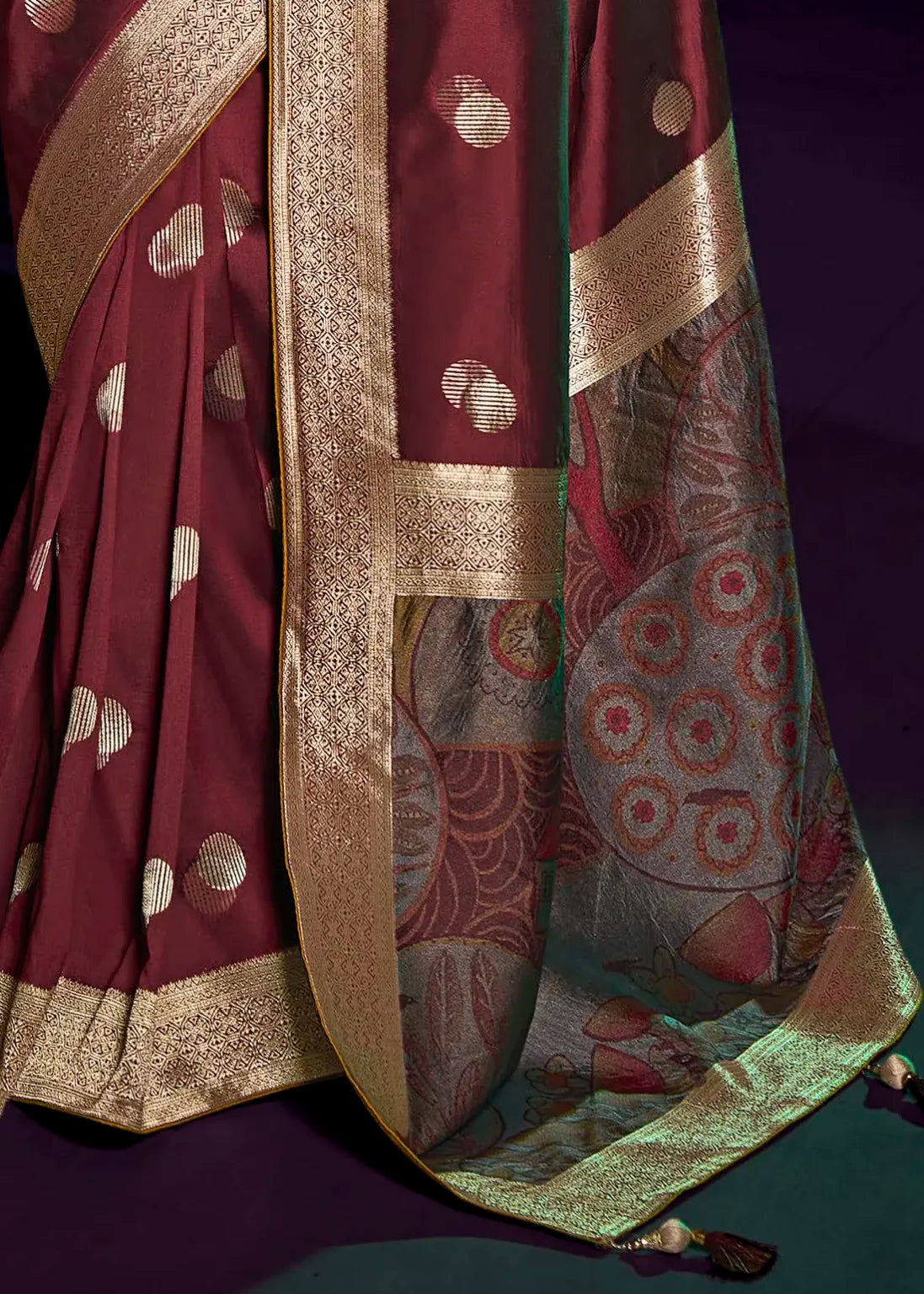 Maroon Pure Silk with 3D weaved Pallu &amp; Heavy Embroidery Banarasi Saree