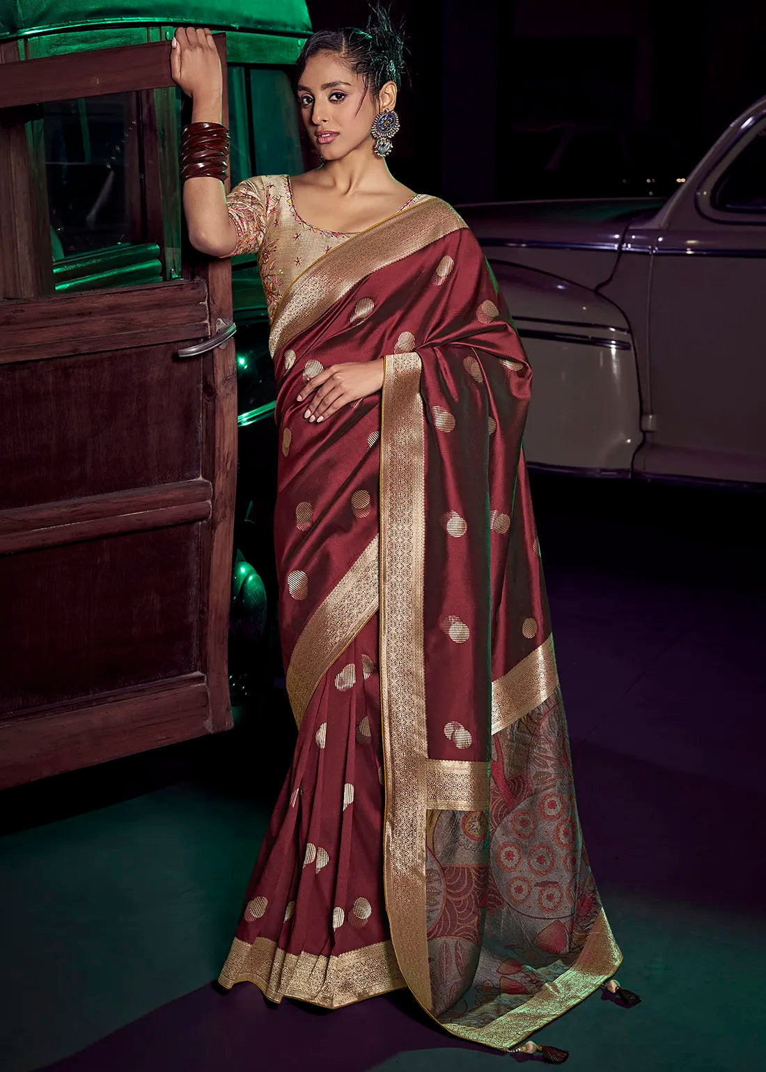 Maroon Pure Silk with 3D weaved Pallu &amp; Heavy Embroidery Banarasi Saree