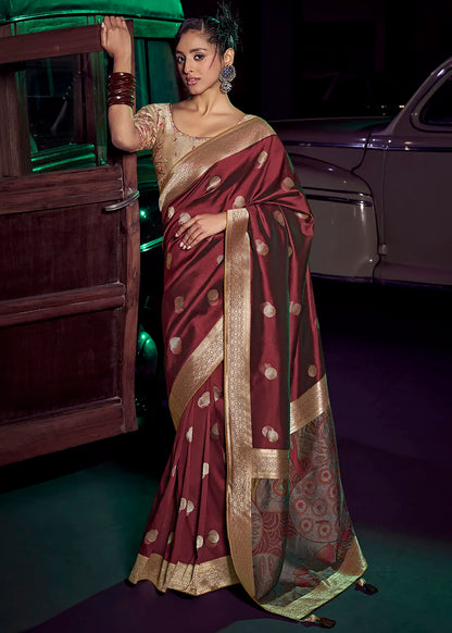 Maroon Pure Silk with 3D weaved Pallu &amp; Heavy Embroidery Banarasi Saree