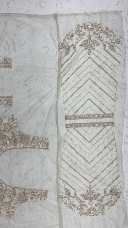 Beige Pure Premium Net Handwork Kasti &amp; Motif Zari Metallic Sequins Work Wedding Saree
