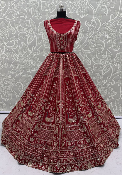 Red Pure Soft Silk Heavy Embroidery Work Bridal Lehenga 
